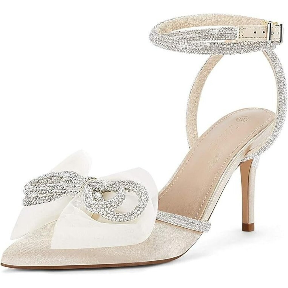 Coutgo Rhinestone Bow Dressy Satin Heels Shoes - Nude - Size 7 1/2 7.5